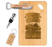 Planetee Coffret Planche à Découper Pourquoi je Perds en Natation | Bambou Gravé, Tire-Bouchon, Bouchon à Vin, Porte-Clés, 4 Pièces, Cadeau Noël Homme Passionné Humour Original Anniversaire