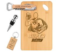 Planetee Coffret Planche à Découper Super Rémy | Bambou Gravé, Tire-Bouchon, Bouchon à Vin, Porte-Clés, 4 Pièces, Cadeau Noël Homme Anniversaire Fête Original
