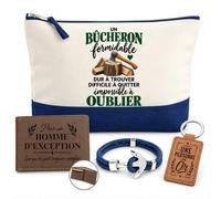 Planetee Coffret Pochette Bûcheron Impossible à Oublier Formidable Dur à trouver | Pochette Coton 5 L, Portefeuille Gravé, Porte-Clés, Bracelet Ancre | 4 Pièces | Cadeau Noël Collègue Homme Départ