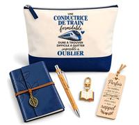 Planetee Coffret Pochette Conductrice de Train Impossible à Oublier | Pochette Coton, Carnet Similicuir, Stylo Bambou, Marque-Page Bois, Porte-Clés Livre | 5 Pièces | Cadeau Noël Collègue Femme Départ