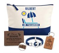 Planetee Coffret Pochette Gilbert en Vacances | Pochette Coton 5 L, Portefeuille Gravé, Porte-Clés, Bracelet Ancre | 4 Pièces | Cadeau Noël Homme Anniversaire Fête Original