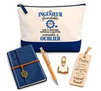 Planetee Coffret Pochette Ingénieur Impossible à Oublier | Pochette Coton, Carnet Similicuir, Stylo Bambou, Marque-Page Bois, Porte-Clés Livre | 5 Pièces | Cadeau Noël Collègue Homme Départ Retraite