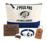 Planetee Coffret Pochette J'peux Pas J'Ai Mots Croisés | Pochette Coton 5 L, Portefeuille Gravé, Porte-Clés, Bracelet Ancre | 4 Pièces | Cadeau Noël Homme Passionné Humour Original Anniversaire