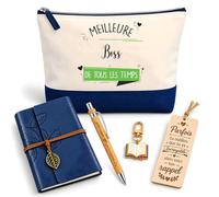 Planetee Coffret Pochette Meilleure Boss de Tous les Temps | Pochette Coton, Carnet Similicuir, Stylo Bambou, Marque-Page Bois, Porte-Clés Livre | 5 Pièces | Cadeau Noël Collègue Femme Départ Retraite