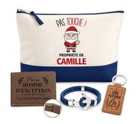 Planetee Coffret Pochette Pas Touche ! Propriété de Camille | Pochette Coton 5 L, Portefeuille Gravé, Porte-Clés, Bracelet Ancre | 4 Pièces | Cadeau Homme Anniversaire Fête des Pères Noël Prénom