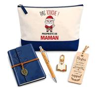 Planetee Coffret Pochette Pas Touche ! Propriété de Maman | Pochette Coton, Carnet Similicuir, Stylo Bambou, Marque-Page Bois, Porte-Clés Livre | 5 Pièces | Cadeau Noël Fête des Mères Anniversaire
