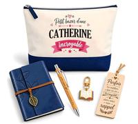 Planetee Coffret Pochette Petit Bazar d'une Catherine Incroyable | Pochette Coton, Carnet Similicuir, Stylo Bambou, Marque-Page Bois, Porte-Clés Livre, 5 Pièces, Cadeau Noël Femme Anniversaire