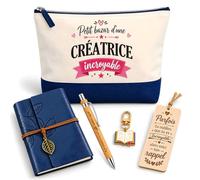 Planetee Coffret Pochette Petit Bazar d'une Créatrice Incroyable | Pochette Coton, Carnet Similicuir, Stylo Bambou, Marque-Page Bois, Porte-Clés Livre | 5 Pièces | Cadeau Noël Collègue Femme Départ