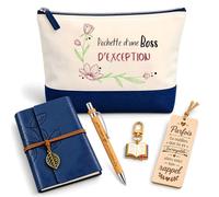 Planetee Coffret Pochette Pochette d'une Boss d'Exception | Pochette Coton, Carnet Similicuir, Stylo Bambou, Marque-Page Bois, Porte-Clés Livre | 5 Pièces | Cadeau Noël Collègue Femme Départ Retraite