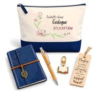 Planetee Coffret Pochette Pochette d'une Géologue d'Exception | Pochette Coton, Carnet Similicuir, Stylo Bambou, Marque-Page Bois, Porte-Clés Livre | 5 Pièces | Cadeau Noël Collègue Femme Départ