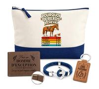 Planetee Coffret Pochette Pourquoi Je Perds à Cheval Équitation | Pochette Coton 5 L, Portefeuille Gravé, Porte-Clés, Bracelet Ancre | 4 Pièces | Cadeau Noël Homme Passionné Humour Original