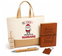 Planetee Coffret Sac Cabas Marraine | Sac Cabas Coton et Jute 18 L, Carnet, Stylo Bambou, Porte-Clés, Marque-Page | 5 Pièces | Cadeau Anniversaire Noël Prénom