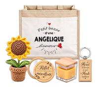 Planetee Coffret Sac Jute Angélique | Cabas 21 L, Bougie Cire d'Abeille, Miroir de Poche, Porte-Clés, Fleur en Crochet | 5 Pièces | Cadeau Femme Anniversaire Fête Noël Original