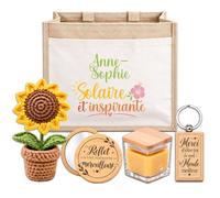 Planetee Coffret Sac Jute Anne-Sophie | Cabas 21 L, Bougie Cire d'Abeille, Miroir de Poche, Porte-Clés, Fleur en Crochet | 5 Pièces | Cadeau Femme Anniversaire Fête Noël Original
