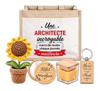 Planetee Coffret Sac Jute Architecte | Cabas 21 L, Bougie Cire d'Abeille, Miroir de Poche, Porte-Clés, Fleur en Crochet | 5 Pièces | Cadeau Collègue Femme Départ Retraite Remerciement