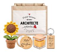Planetee Coffret Sac Jute Architecte | Cabas 21 L, Bougie Cire d'Abeille, Miroir de Poche, Porte-Clés, Fleur en Crochet | 5 Pièces | Cadeau Collègue Femme Départ Retraite Remerciement