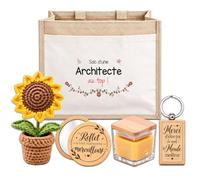Planetee Coffret Sac Jute Architecte | Cabas 21 L, Bougie Cire d'Abeille, Miroir de Poche, Porte-Clés, Fleur en Crochet | 5 Pièces | Cadeau Collègue Femme Départ Retraite Remerciement