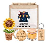 Planetee Coffret Sac Jute Architecte | Cabas 21 L, Bougie Cire d'Abeille, Miroir de Poche, Porte-Clés, Fleur en Crochet | 5 Pièces | Cadeau Collègue Femme Départ Retraite Remerciement