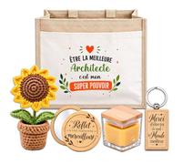 Planetee Coffret Sac Jute Architecte | Cabas 21 L, Bougie Cire d'Abeille, Miroir de Poche, Porte-Clés, Fleur en Crochet | 5 Pièces | Cadeau Collègue Femme Départ Retraite Remerciement