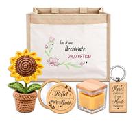 Planetee Coffret Sac Jute Archiviste | Cabas 21 L, Bougie Cire d'Abeille, Miroir de Poche, Porte-Clés, Fleur en Crochet | 5 Pièces | Cadeau Collègue Femme Départ Retraite Remerciement