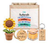 Planetee Coffret Sac Jute Archiviste | Cabas 21 L, Bougie Cire d'Abeille, Miroir de Poche, Porte-Clés, Fleur en Crochet | 5 Pièces | Cadeau Collègue Femme Départ Retraite Remerciement