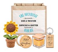 Planetee Coffret Sac Jute Archiviste | Cabas 21 L, Bougie Cire d'Abeille, Miroir de Poche, Porte-Clés, Fleur en Crochet | 5 Pièces | Cadeau Collègue Femme Départ Retraite Remerciement