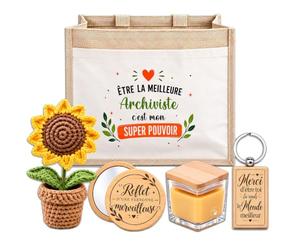 Planetee Coffret Sac Jute Archiviste | Cabas 21 L, Bougie Cire d'Abeille, Miroir de Poche, Porte-Clés, Fleur en Crochet | 5 Pièces | Cadeau Collègue Femme Départ Retraite Remerciement