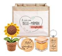 Planetee Coffret Sac Jute Belle-Maman | Sac Cabas Jute 21 L, Bougie Cire d'Abeille, Miroir de Poche, Porte-Clés, Fleur en Crochet | 5 Pièces | Cadeau Anniversaire Noël