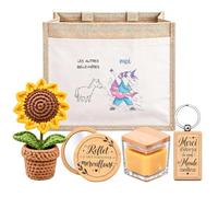 Planetee Coffret Sac Jute Belle-Mère | Sac Cabas Jute 21 L, Bougie Cire d'Abeille, Miroir de Poche, Porte-Clés, Fleur en Crochet | 5 Pièces | Cadeau Anniversaire Noël
