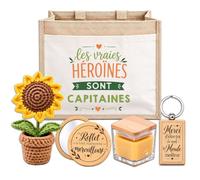 Planetee Coffret Sac Jute Capitaine | Cabas 21 L, Bougie Cire d'Abeille, Miroir de Poche, Porte-Clés, Fleur en Crochet | 5 Pièces | Cadeau Collègue Femme Départ Retraite Remerciement