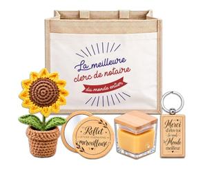 Planetee Coffret Sac Jute Clerc de Notaire | Cabas 21 L, Bougie Cire d'Abeille, Miroir de Poche, Porte-Clés, Fleur en Crochet | 5 Pièces | Cadeau Collègue Femme Départ Retraite Remerciement