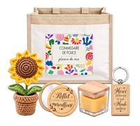 Planetee Coffret Sac Jute Commissaire de Police | Cabas 21 L, Bougie Cire d'Abeille, Miroir de Poche, Porte-Clés, Fleur en Crochet | 5 Pièces | Cadeau Collègue Femme Départ Retraite Remerciement