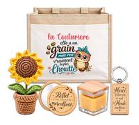 Planetee Coffret Sac Jute Couturière | Cabas 21 L, Bougie Cire d'Abeille, Miroir de Poche, Porte-Clés, Fleur en Crochet | 5 Pièces | Cadeau Collègue Femme Départ Retraite Remerciement