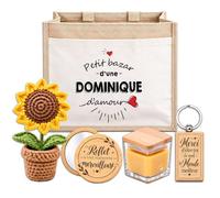 Planetee Coffret Sac Jute Dominique | Cabas 21 L, Bougie Cire d'Abeille, Miroir de Poche, Porte-Clés, Fleur en Crochet | 5 Pièces | Cadeau Femme Anniversaire Fête Noël Original