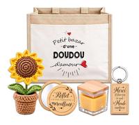 Planetee Coffret Sac Jute Doudou | Cabas 21 L, Bougie Cire d'Abeille, Miroir de Poche, Porte-Clés, Fleur en Crochet | 5 Pièces | Cadeau Collègue Femme Départ Retraite Remerciement