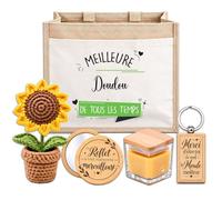 Planetee Coffret Sac Jute Doudou | Cabas 21 L, Bougie Cire d'Abeille, Miroir de Poche, Porte-Clés, Fleur en Crochet | 5 Pièces | Cadeau Collègue Femme Départ Retraite Remerciement