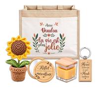 Planetee Coffret Sac Jute Doudou | Cabas 21 L, Bougie Cire d'Abeille, Miroir de Poche, Porte-Clés, Fleur en Crochet | 5 Pièces | Cadeau Collègue Femme Départ Retraite Remerciement