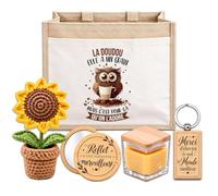 Planetee Coffret Sac Jute Doudou | Cabas 21 L, Bougie Cire d'Abeille, Miroir de Poche, Porte-Clés, Fleur en Crochet | 5 Pièces | Cadeau Collègue Femme Départ Retraite Remerciement