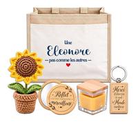 Planetee Coffret Sac Jute Eleonore | Cabas 21 L, Bougie Cire d'Abeille, Miroir de Poche, Porte-Clés, Fleur en Crochet | 5 Pièces | Cadeau Femme Anniversaire Fête Noël Original