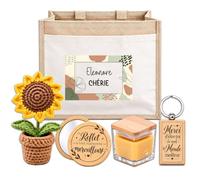 Planetee Coffret Sac Jute Eleonore | Cabas 21 L, Bougie Cire d'Abeille, Miroir de Poche, Porte-Clés, Fleur en Crochet | 5 Pièces | Cadeau Femme Anniversaire Fête Noël Original