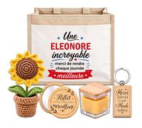 Planetee Coffret Sac Jute Eleonore | Cabas 21 L, Bougie Cire d'Abeille, Miroir de Poche, Porte-Clés, Fleur en Crochet | 5 Pièces | Cadeau Femme Anniversaire Fête Noël Original