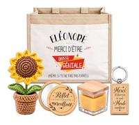 Planetee Coffret Sac Jute Eleonore | Cabas 21 L, Bougie Cire d'Abeille, Miroir de Poche, Porte-Clés, Fleur en Crochet | 5 Pièces | Cadeau Femme Anniversaire Fête Noël Original