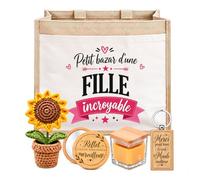 Planetee Coffret Sac Jute Fille | Sac Cabas Jute 21 L, Bougie Cire d'Abeille, Miroir de Poche, Porte-Clés, Fleur en Crochet | 5 Pièces | Cadeau Anniversaire Noël Naissance