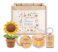 Planetee Coffret Sac Jute Floriane | Cabas 21 L, Bougie Cire d'Abeille, Miroir de Poche, Porte-Clés, Fleur en Crochet | 5 Pièces | Cadeau Femme Anniversaire Fête Noël Original