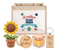 Planetee Coffret Sac Jute Future Maman | Sac Cabas Jute 21 L, Bougie Cire d'Abeille, Miroir de Poche, Porte-Clés, Fleur en Crochet | 5 Pièces | Cadeau Anniversaire Noël