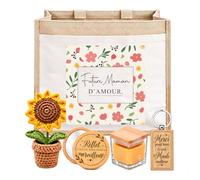 Planetee Coffret Sac Jute Future Maman | Sac Cabas Jute 21 L, Bougie Cire d'Abeille, Miroir de Poche, Porte-Clés, Fleur en Crochet | 5 Pièces | Cadeau Anniversaire Noël