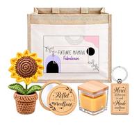 Planetee Coffret Sac Jute Future Maman | Sac Cabas Jute 21 L, Bougie Cire d'Abeille, Miroir de Poche, Porte-Clés, Fleur en Crochet | 5 Pièces | Cadeau Anniversaire Noël