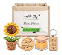Planetee Coffret Sac Jute Future Maman | Sac Cabas Jute 21 L, Bougie Cire d'Abeille, Miroir de Poche, Porte-Clés, Fleur en Crochet | 5 Pièces | Cadeau Anniversaire Noël