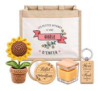 Planetee Coffret Sac Jute Gisèle | Cabas 21 L, Bougie Cire d'Abeille, Miroir de Poche, Porte-Clés, Fleur en Crochet | 5 Pièces | Cadeau Femme Anniversaire Fête Noël Original