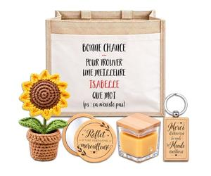 Planetee Coffret Sac Jute Isabelle | Cabas 21 L, Bougie Cire d'Abeille, Miroir de Poche, Porte-Clés, Fleur en Crochet | 5 Pièces | Cadeau Femme Anniversaire Fête Noël Original